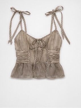 American Eagle Outfitters Brown Gingham Tie-Shoulder Peplum Cami